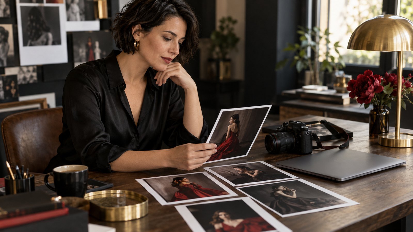 Een ondernemer selecteert zorgvuldig haar portretfoto’s.