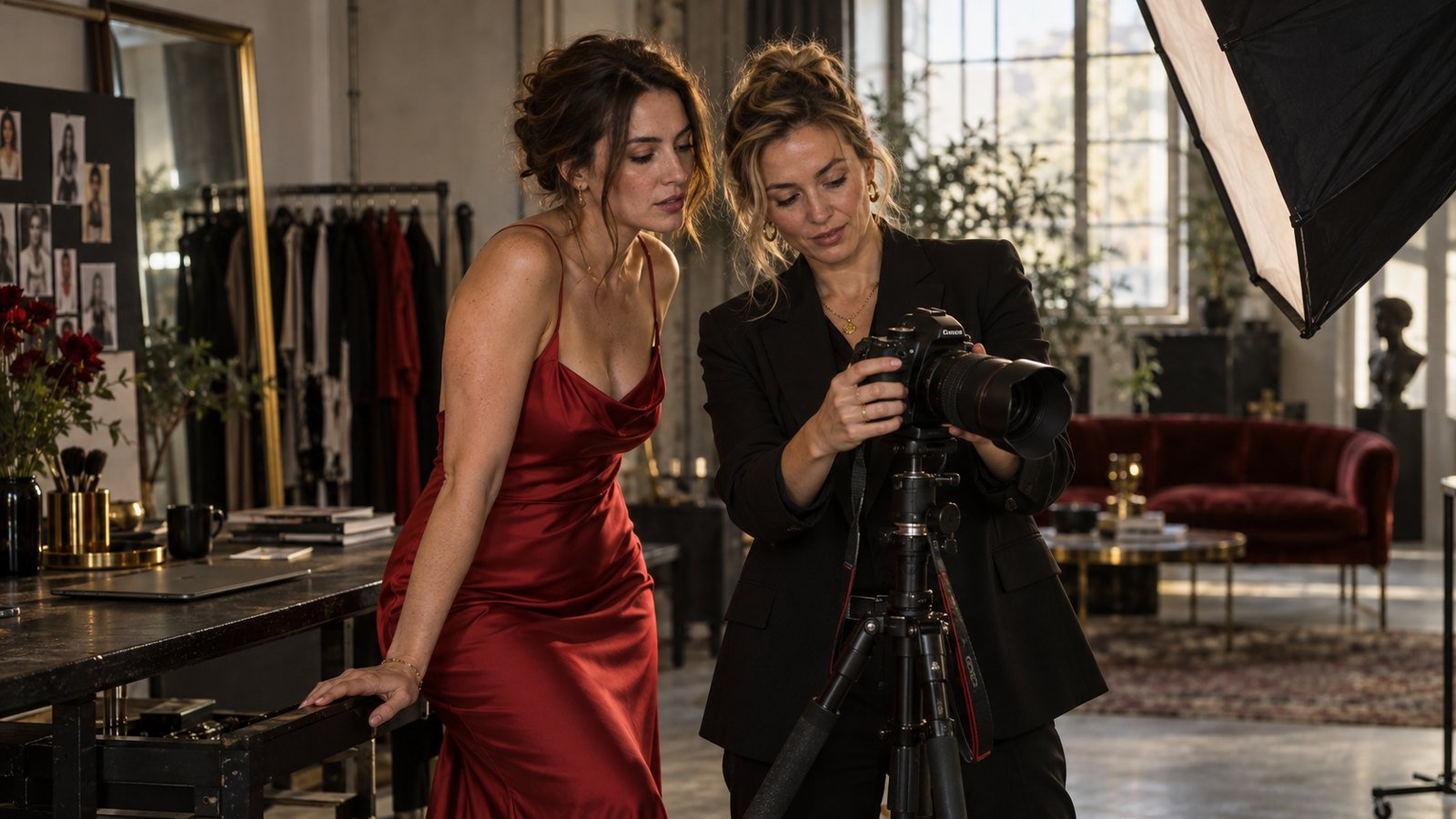 Creator en fotograaf bekijken samen een fotoshoot.