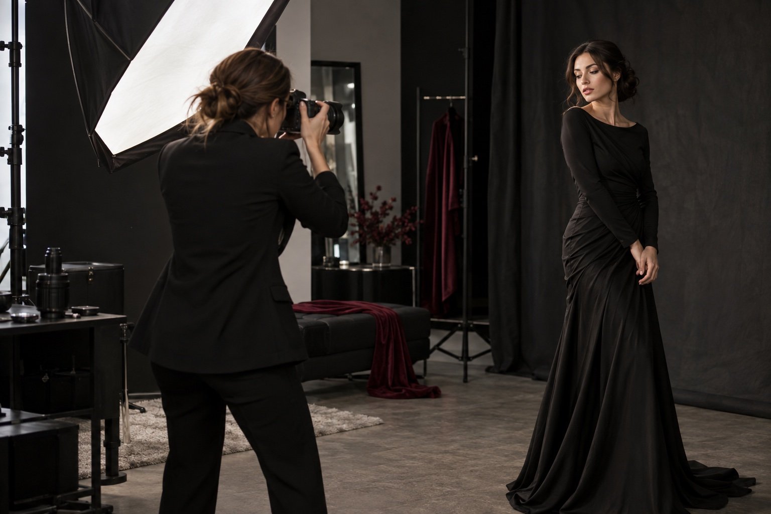 Model en fotograaf in een studio met professionele belichting
